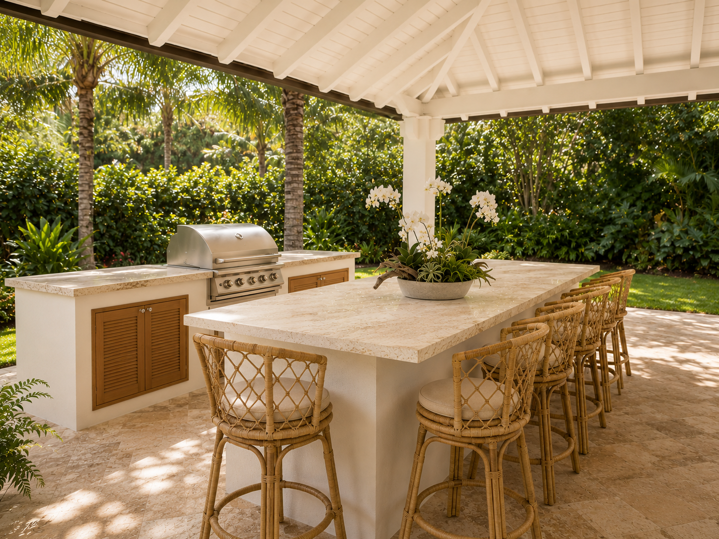 Outdoor kitchen with a marble counter, grill, and wicker chairs, surrounded by greenery and trees.