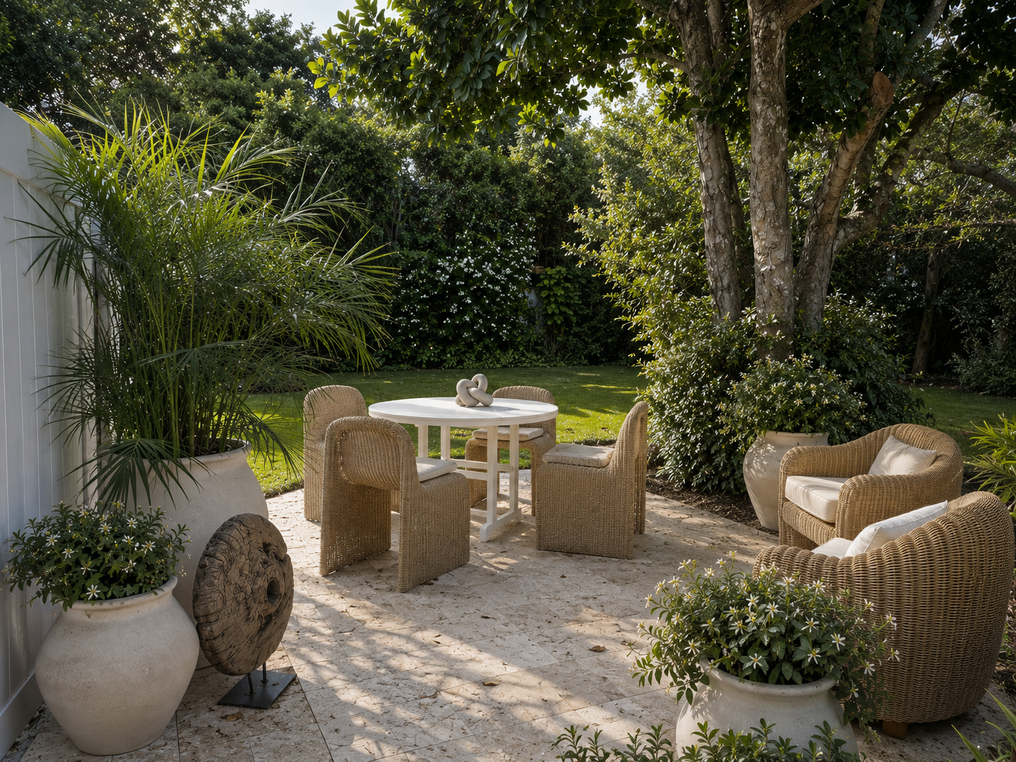Outdoor patio with wicker chairs and white table, surrounded by large potted plants and a lush green garden with trees and bushes