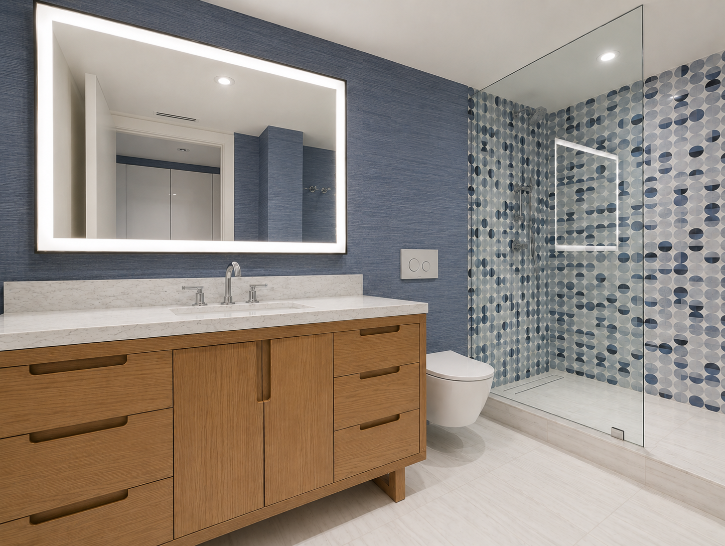 Modern bathroom with wooden vanity, large mirror with lights, blue textured walls, toilet, and a walk-in shower with blue geometric tiles and glass partition.