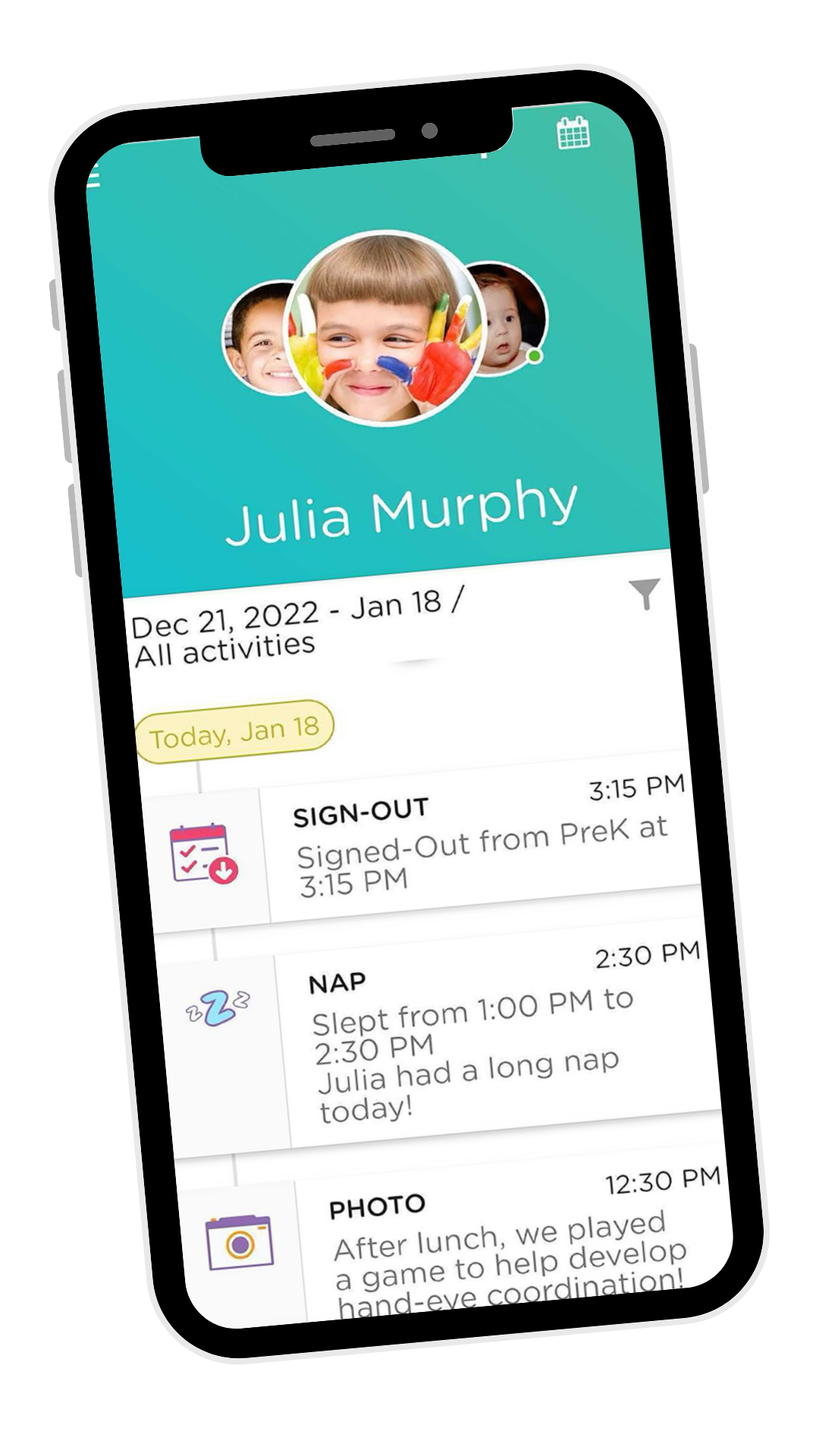 Mobile phone screen showing a child's activity schedule, with a profile picture of a smiling child with face paint, and a calendar for January 18th including activities like signing out, napping, and playing.