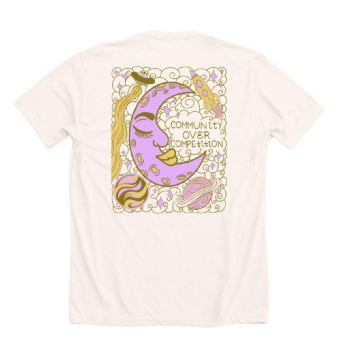 T-shirt featuring a purple moon with a face and a closed eye, surrounded by space-themed illustrations such as planets, a rocket, a star, and a cloud with the text "Community Over Competition" in the center.
