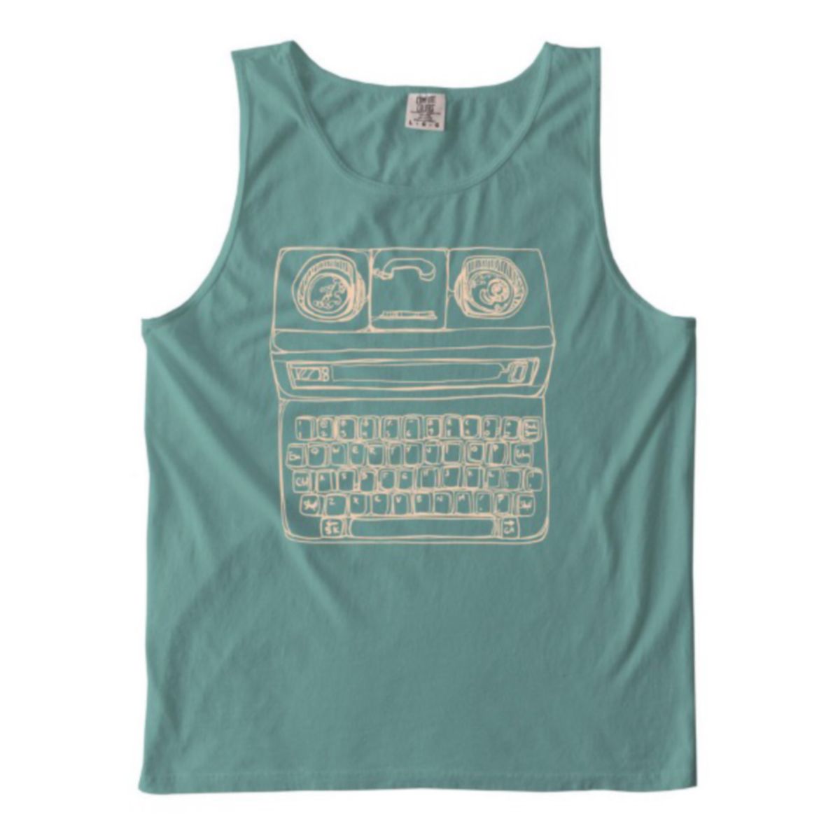 Light blue tank top with a graphic of a tty  on the front.