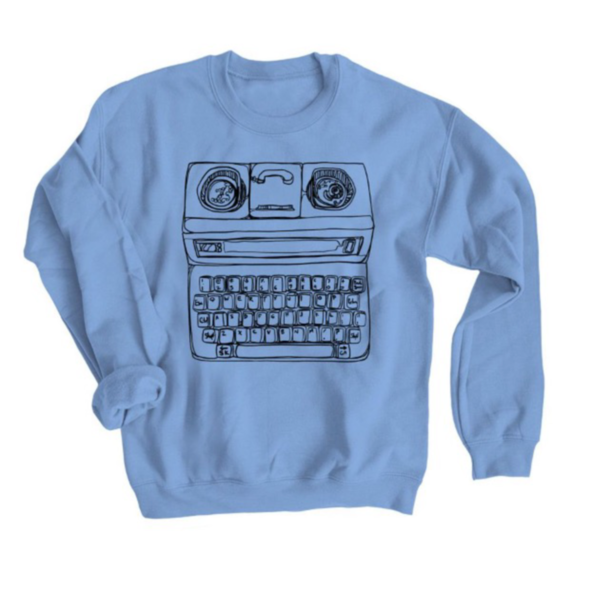 Light blue sweatshirt with a black line drawing of a TTY on the front.