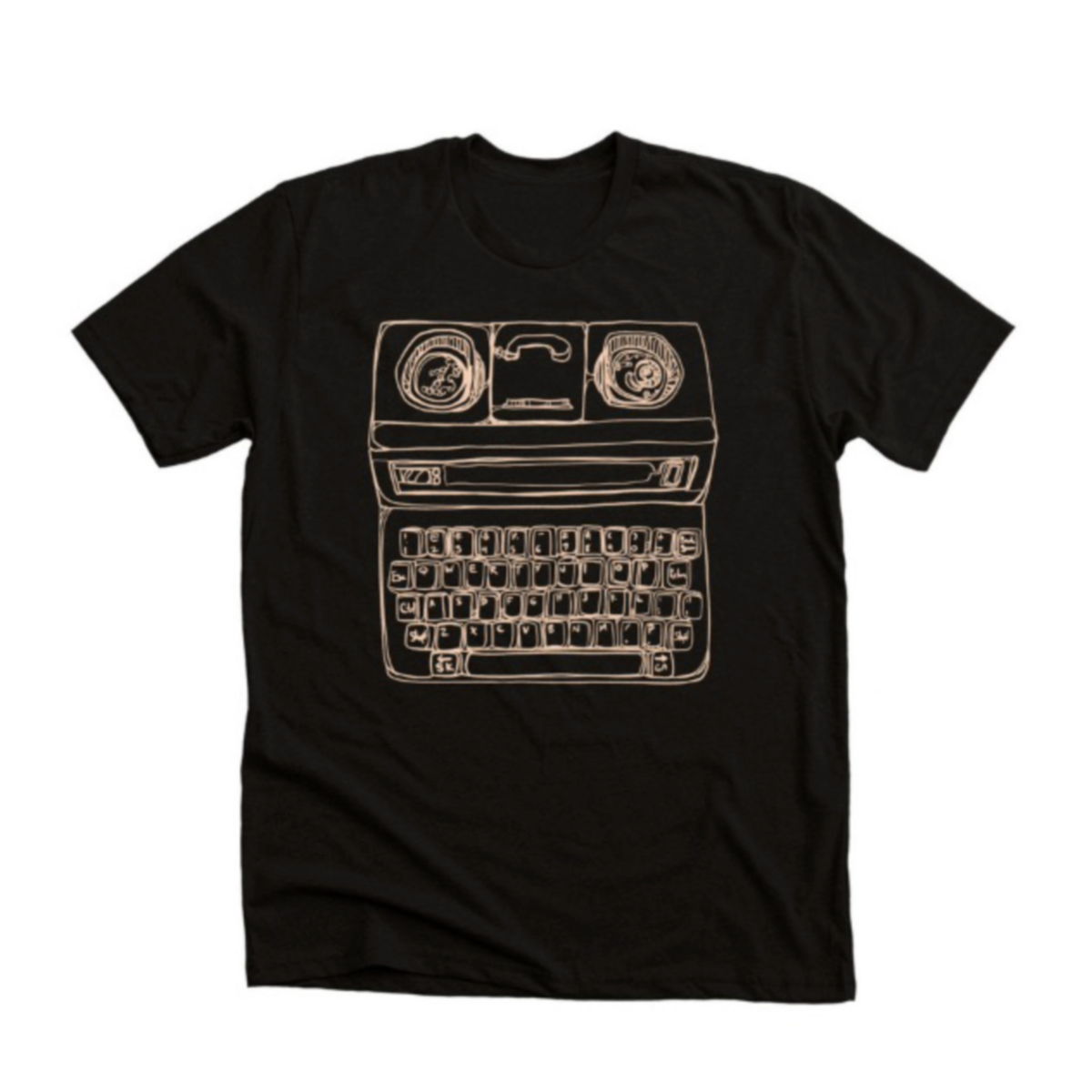 Black T-shirt with a line drawing of a TTY on top.