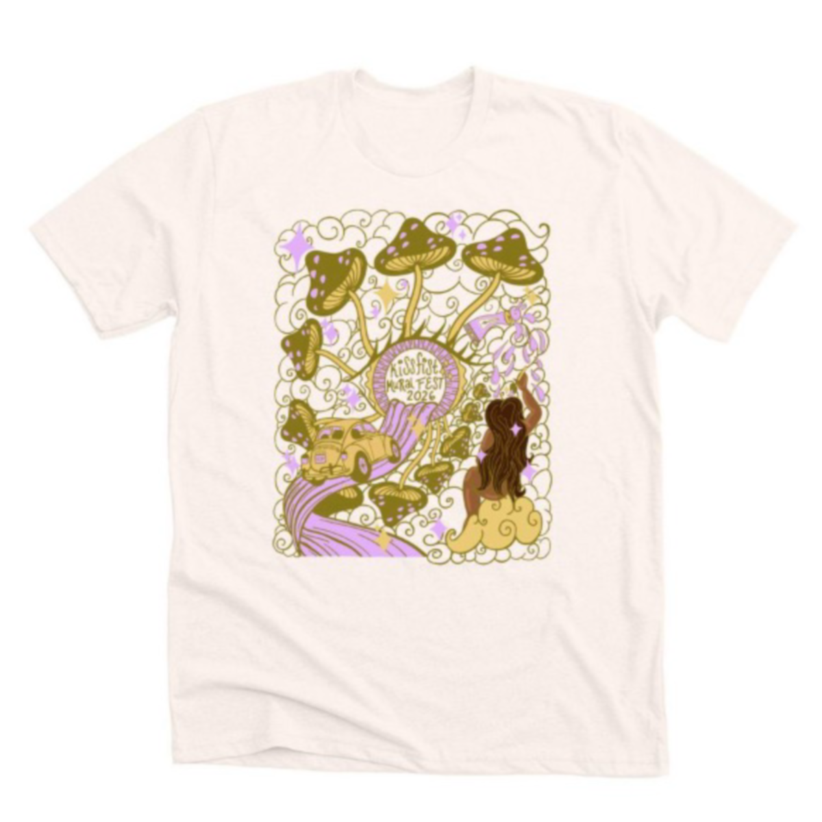 A white T-shirt featuring a colorful, whimsical design with mushrooms, a river, a girl with brown hair sitting on a cloud, a butterfly, and a circular badge reading "KissFist Mural Fest 2026."