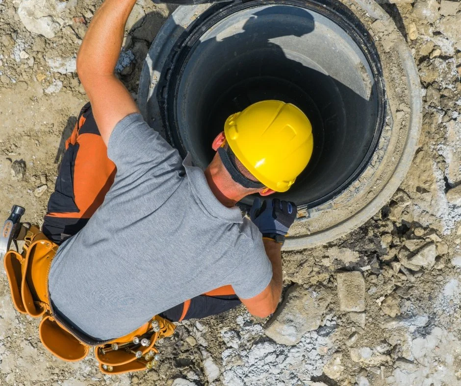 A worker wearing a yellow safety helmet, gray shirt, and black gloves is inspecting a large underground utility or sewer pipe at a construction site, surrounded by dirt and rocks.