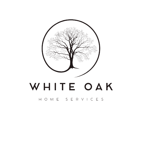 Logo for White Oak Home Services featuring a white oak tree inside a circle on a black background.