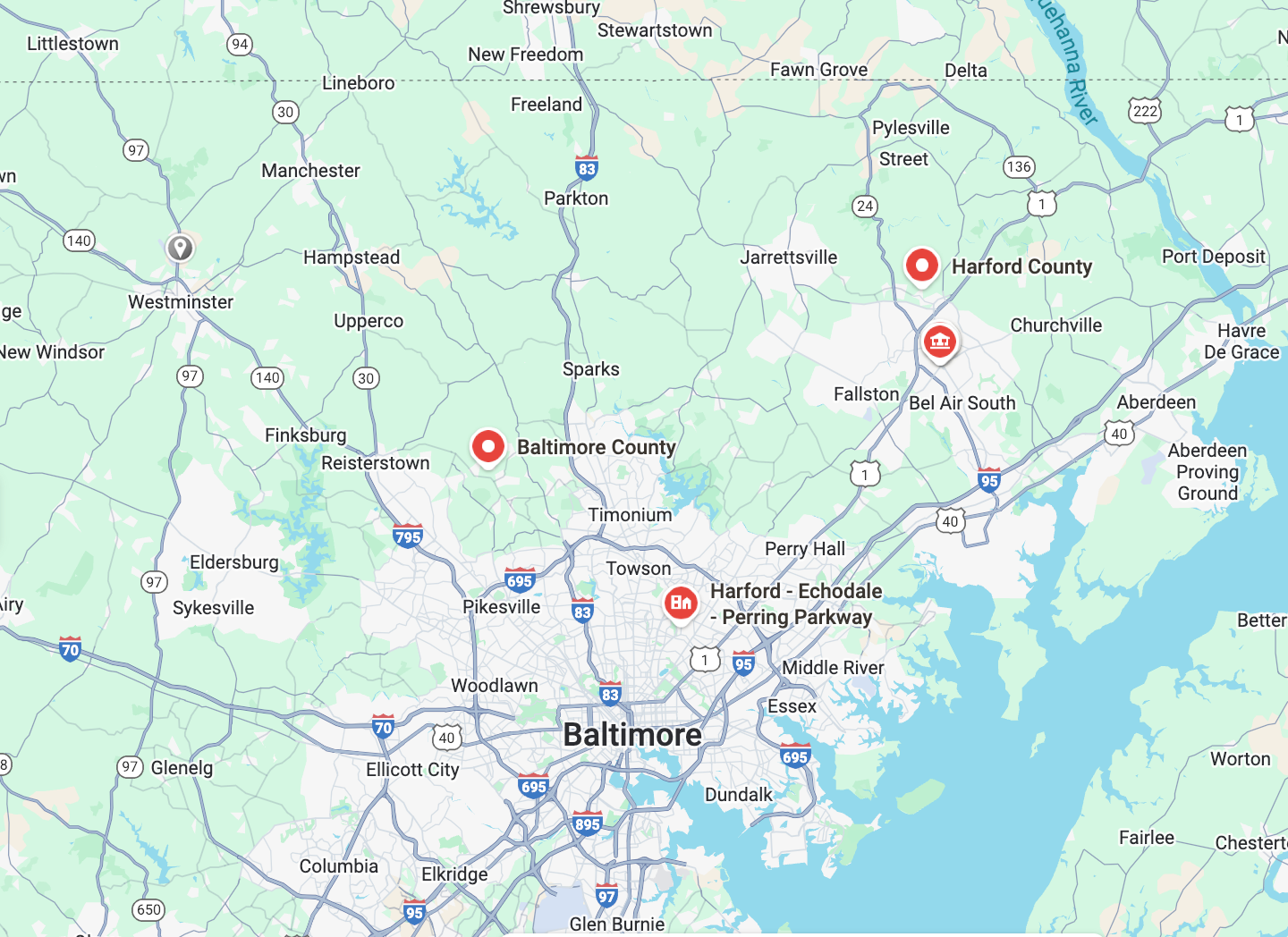 Map of Baltimore, Maryland, showing locations of Baltimore County, Harford County, and Harford - Echdole Perring Parkway.