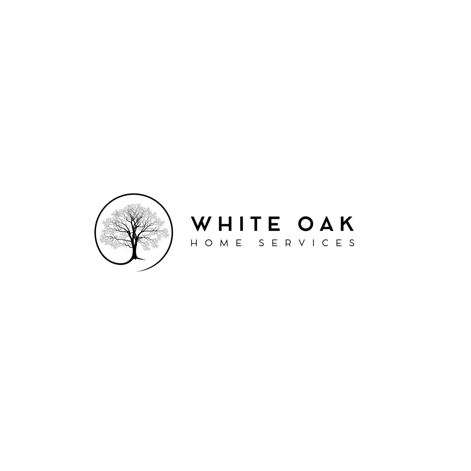 Logo for White Oak Home Services featuring a black and white tree inside a circle with text.