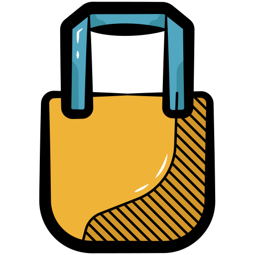 A simple cartoon yellow bag with blue straps.