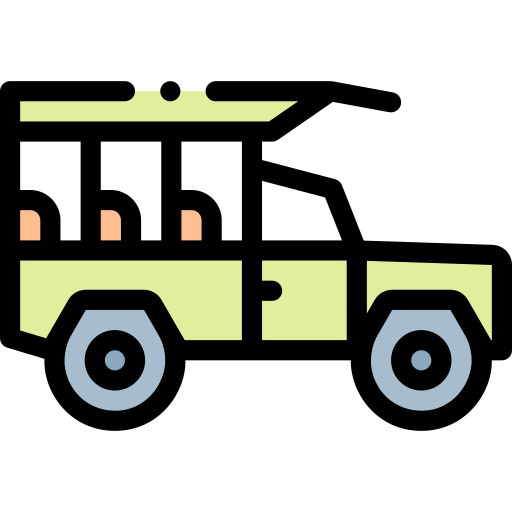 A stylized cartoon icon of a light green safari vehicle with an open canopy roof and multiple rows of seats.