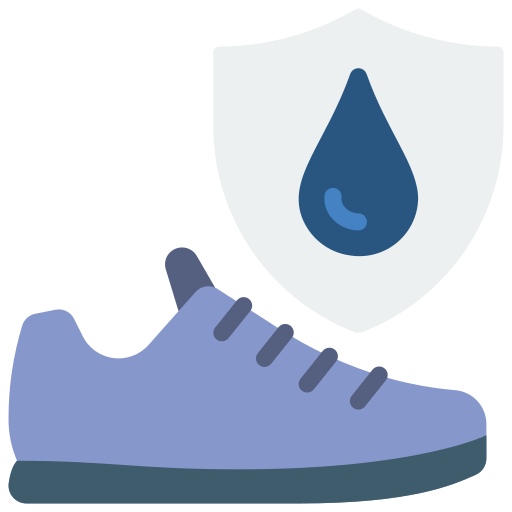 A flat design icon showing a blue sneaker in the foreground and a light gray shield with a dark blue water droplet in the background.