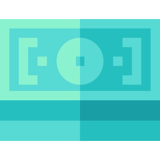 A flat, stylized icon of a stack of teal and blue banknotes.