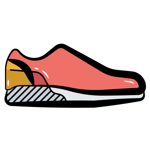A stylized, colorful sneaker illustration in shades of coral, yellow, and white with thick black outlines.