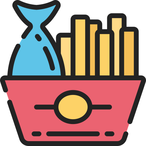 A simple flat-style icon of a blue fish and golden french fries served together in a red basket.