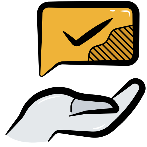 A stylized cartoon illustration of an open hand holding up a yellow speech bubble with a black checkmark inside.