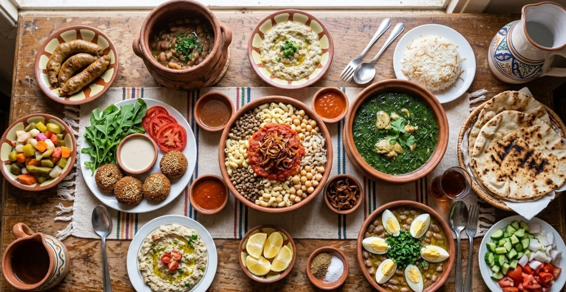 A top-down view of a wooden table covered in a vibrant Egyptian feast.