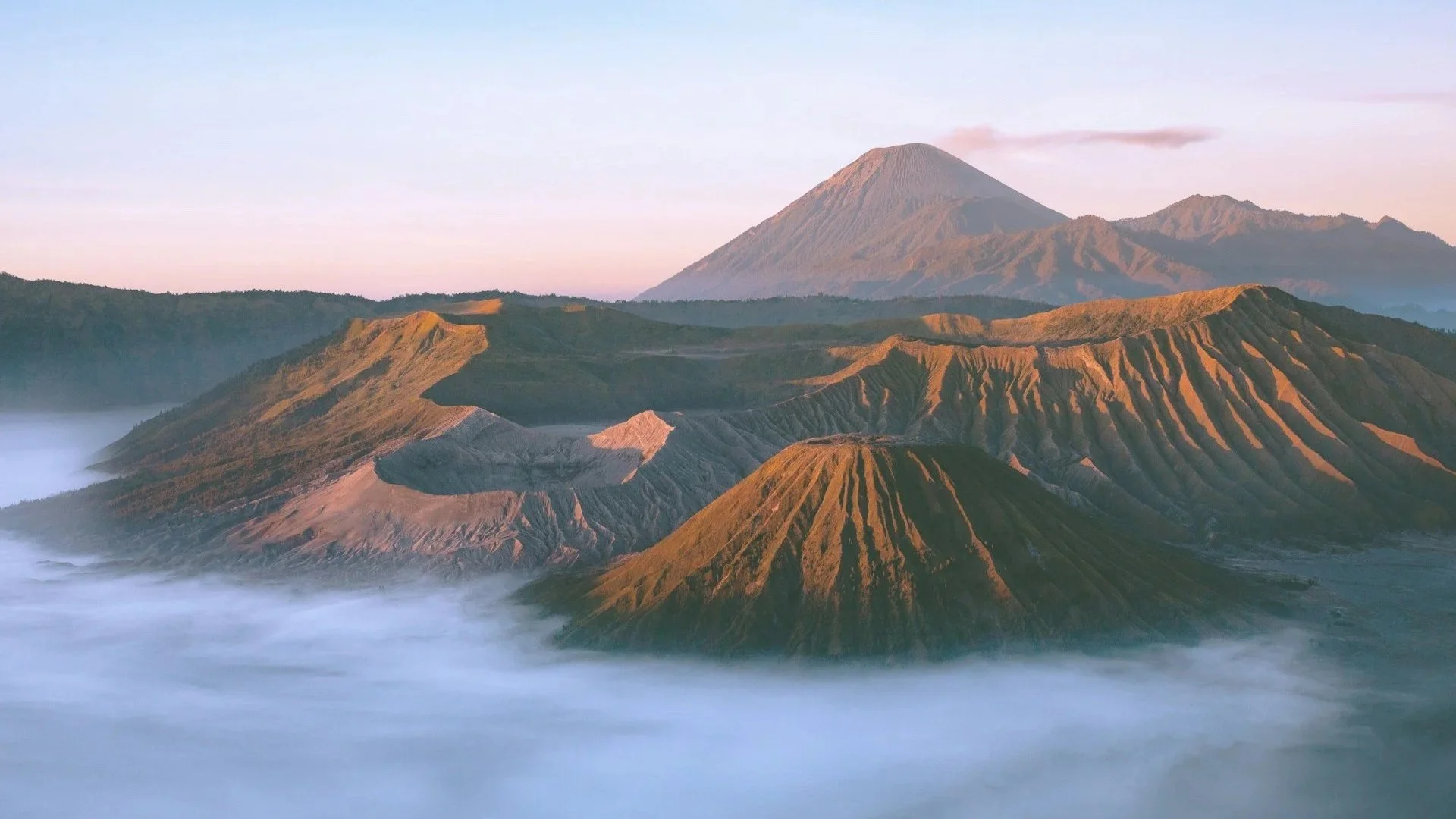 The volcanic peaks of Mount Bromo and Mount Semeru rising above a thick layer of morning mist at sunrise.