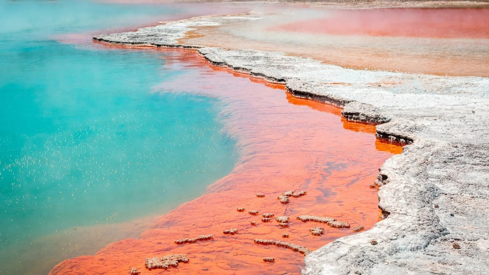 Vibrant geothermal pool with bright turquoise water and a crusty orange and white mineral shoreline.
