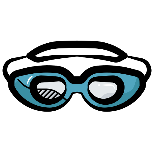 A simple cartoon drawing of blue and black swimming goggles with transparent lenses and an elastic head strap.