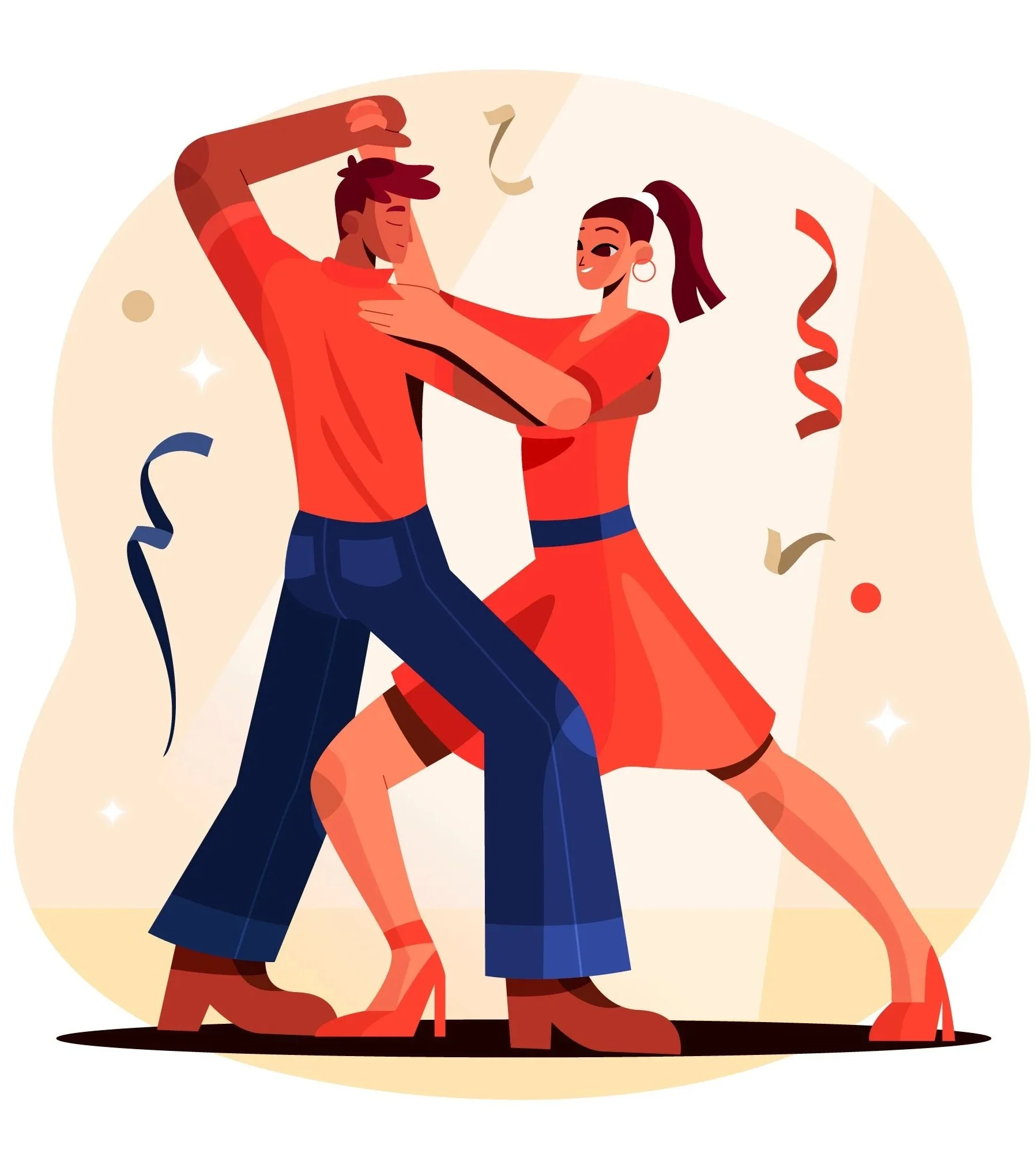 A vibrant flat illustration of a man and a woman in red outfits joyfully dancing together amidst floating streamers and confetti.