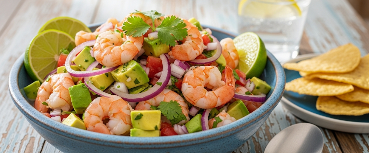 A bowl of shrimp ceviche with limes on a table with tortilla chips and a glass of water.