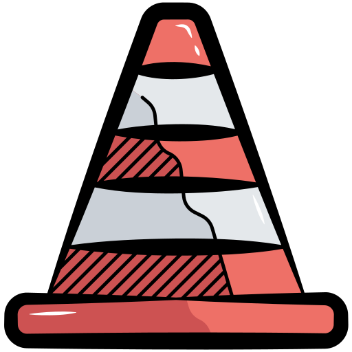 A stylized cartoon illustration of a red and white striped traffic cone with bold black outlines.