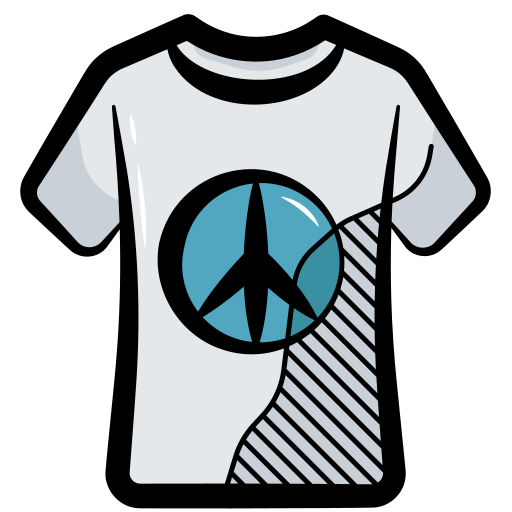 A simple cartoon icon of a t-shirt with a peace sign on it.