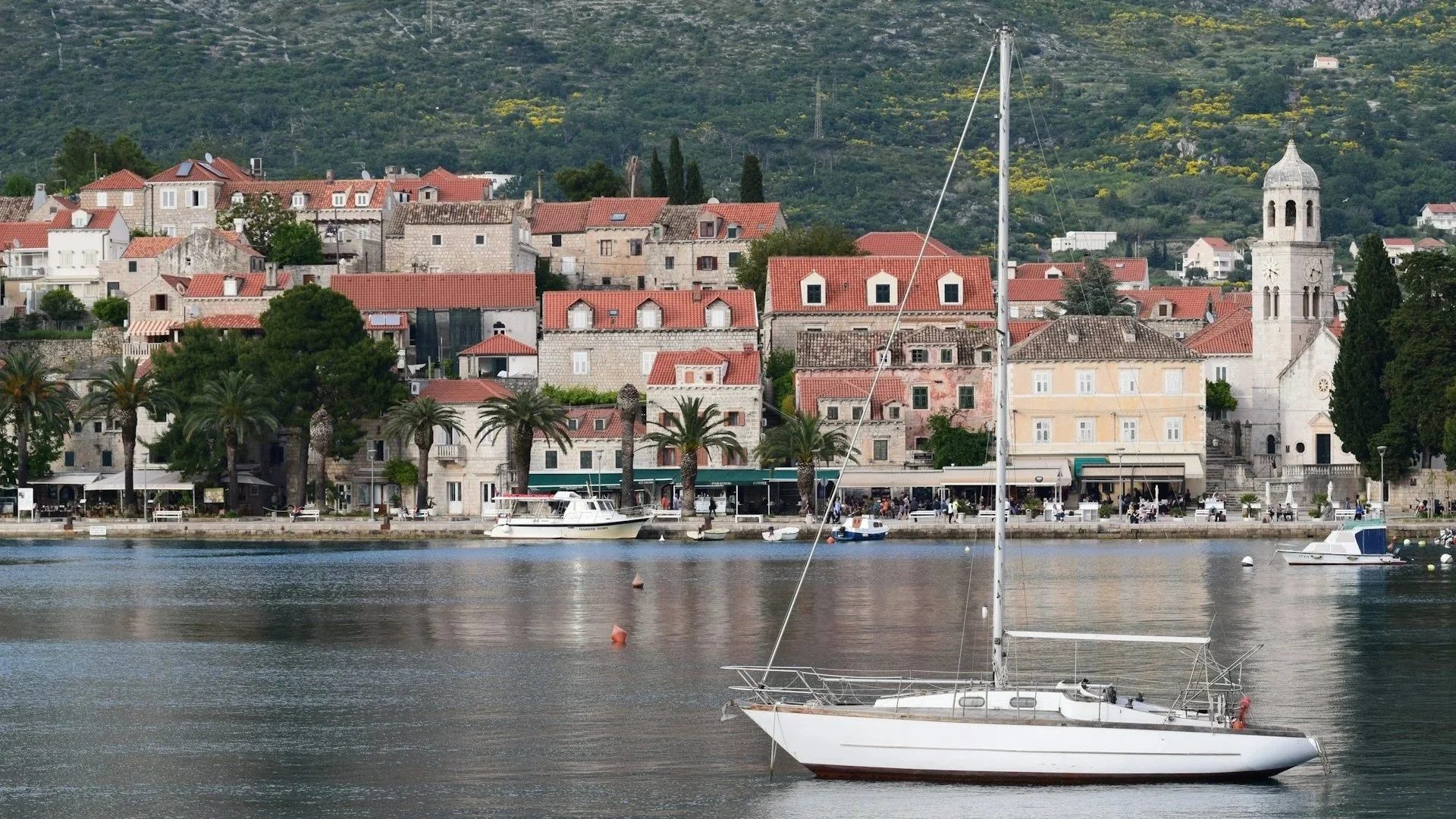 A white sailboat anchored in a calm bay in front of a coastal Croatian town, featuring stone buildings with red-tiled roofs, palm trees, and a historic church bell tower against a lush green hillside.