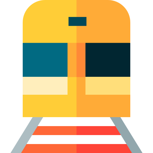 A front-view illustration of a yellow and orange train on tracks.