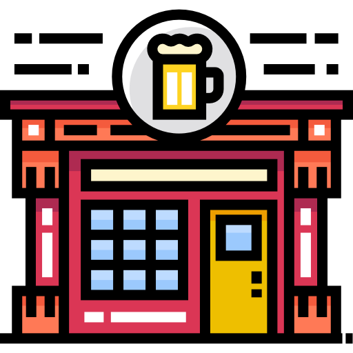 A colorful line-art icon of a red pub storefront featuring a large circular sign with a frothy beer mug.