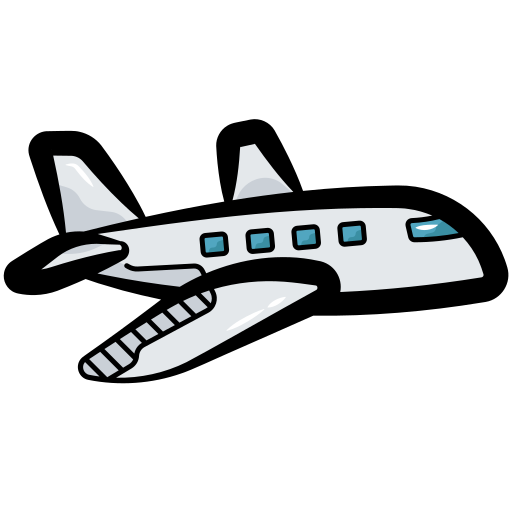 A light gray passenger jet icon with blue windows, depicted in a simple, bold-outlined cartoon style.