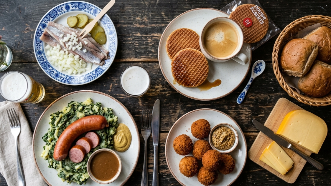 A variety of traditional Dutch dishes, including sausage with mash, herring, bitterballen, cheese, and stroopwafels, arranged on a dark wooden table.