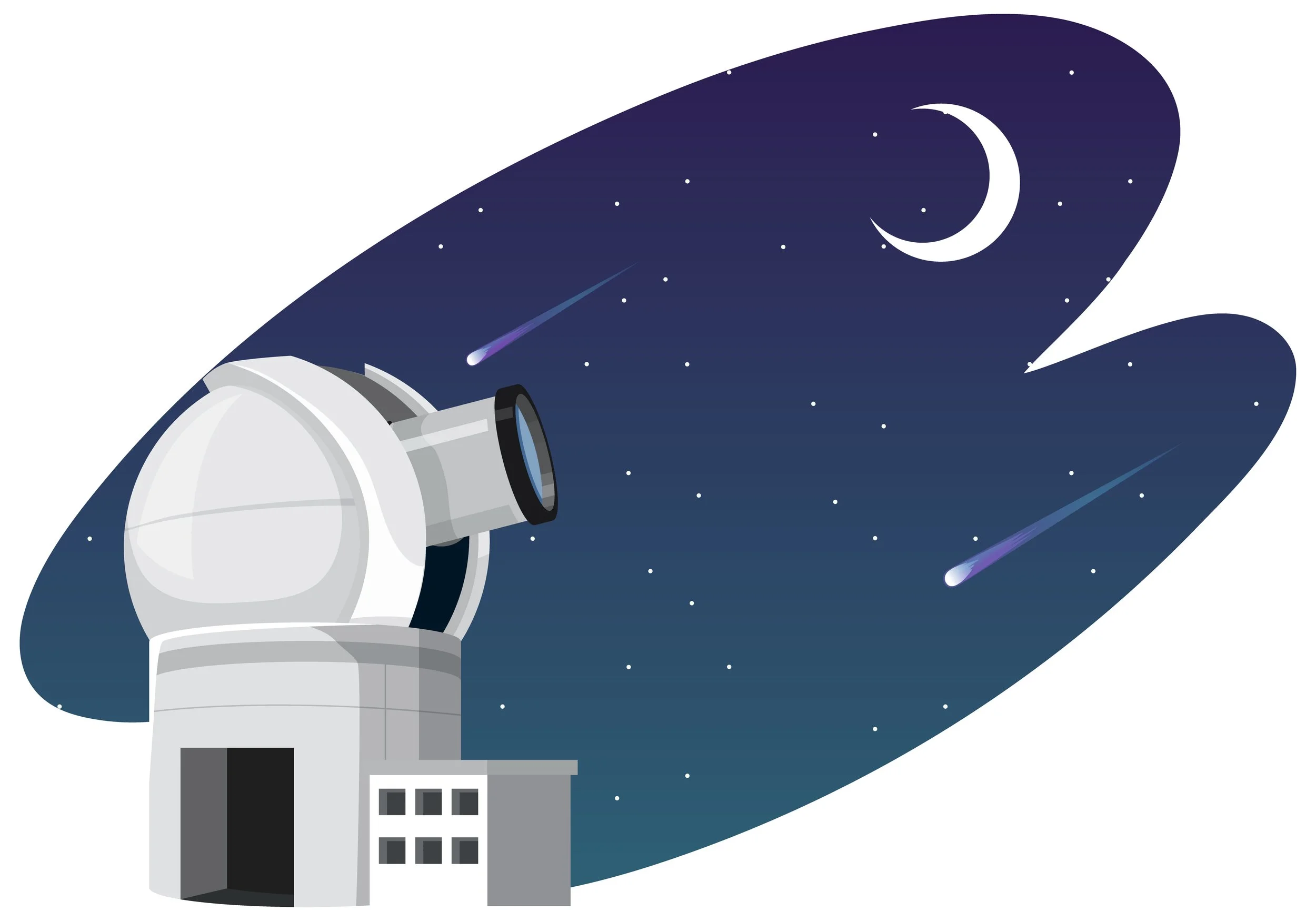 An illustration of a white domed observatory and telescope under a starry night sky with a crescent moon and two shooting stars.
