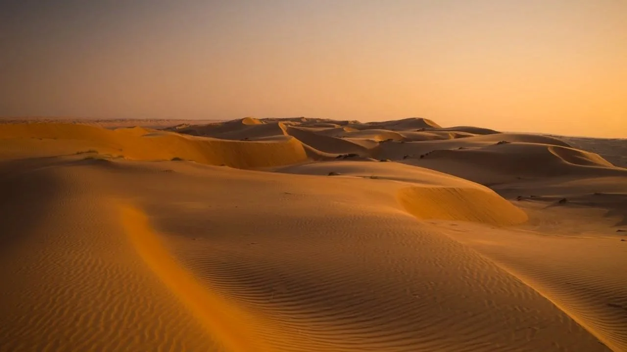 Vast, rolling golden sand dunes of a desert landscape under a clear, warm-toned sunset sky.