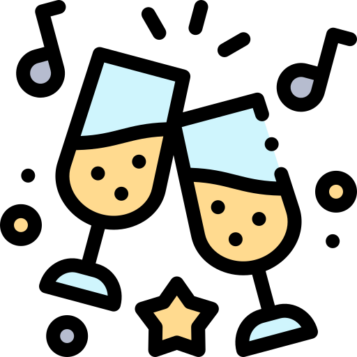 A festive icon of two champagne glasses clinking in a toast, surrounded by music notes, stars, and confetti.