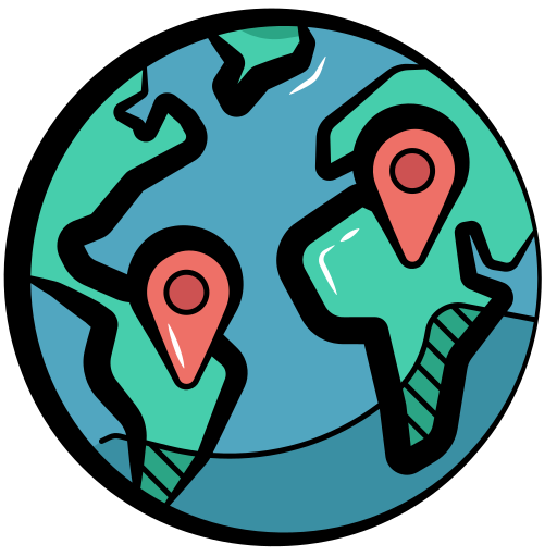 A cartoon icon of the globe with two map points on it.
