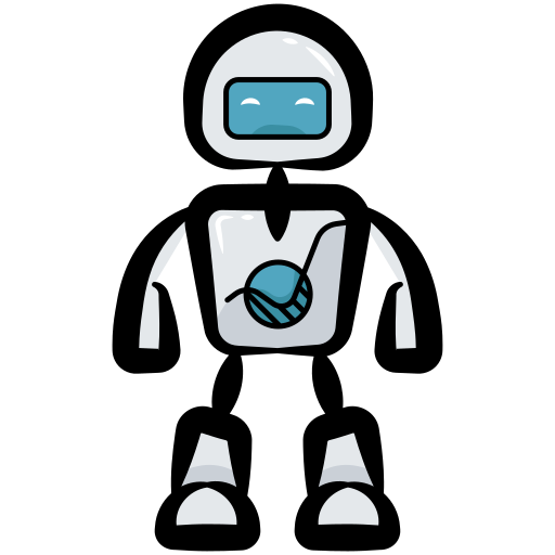 A stylized, cartoon-style illustration of a white and grey robot with a blue digital face and chest emblem, outlined in bold black.