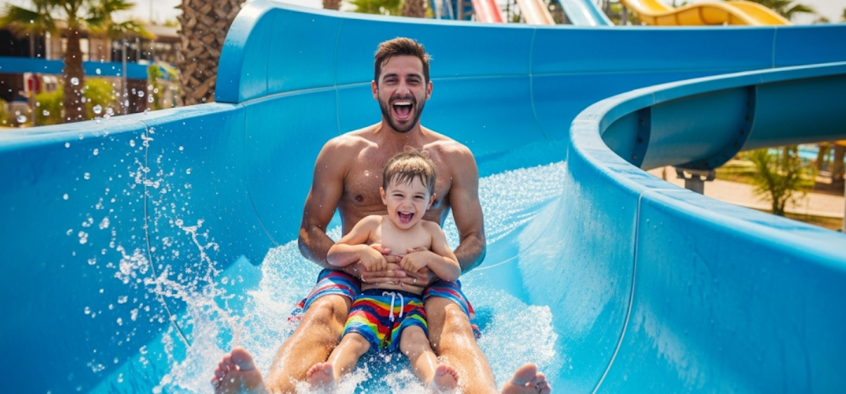 A father sliding down a blue waterslide with his son