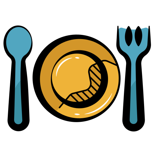 A simple cartoon style yellow plate with a blue spoon and fork to the sides.