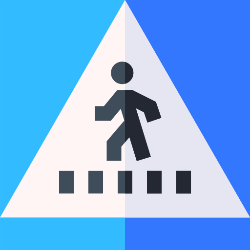 A blue and white triangular traffic sign icon depicting a pedestrian crossing.