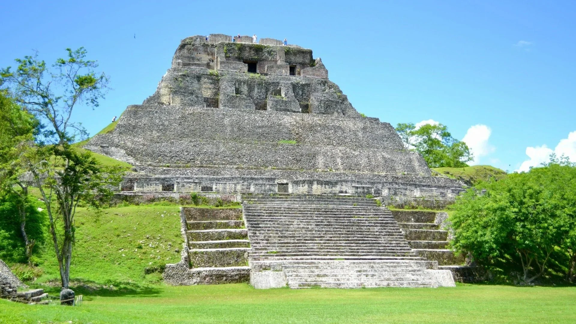 An ancient Mayan stone pyramid with wide stairs at the base, surrounded by green grass and trees under a clear blue sky.
