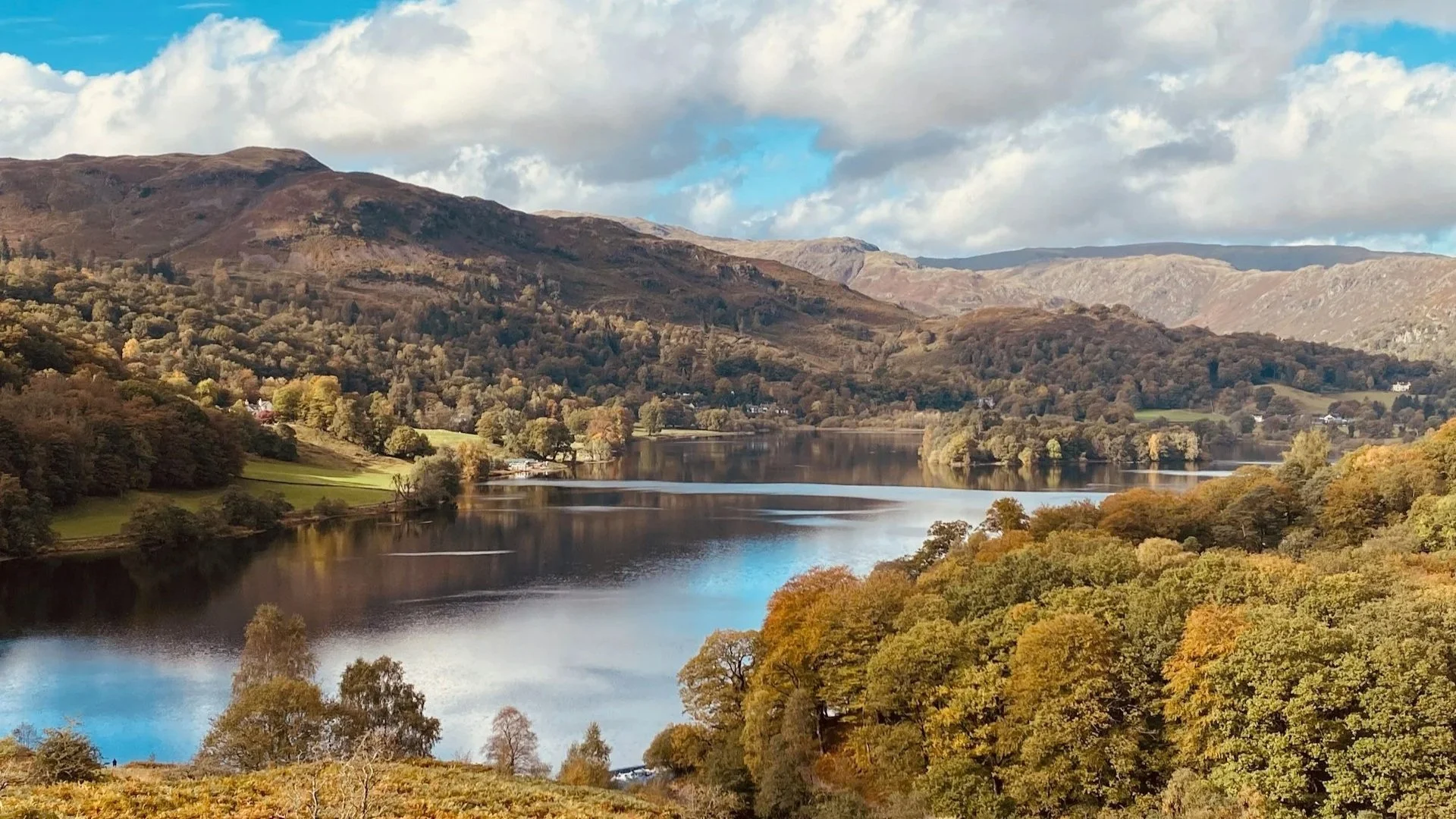 A peaceful landscape of a lake in the Lake District reflecting the sky, surrounded by rolling hills and trees in autumn colors.