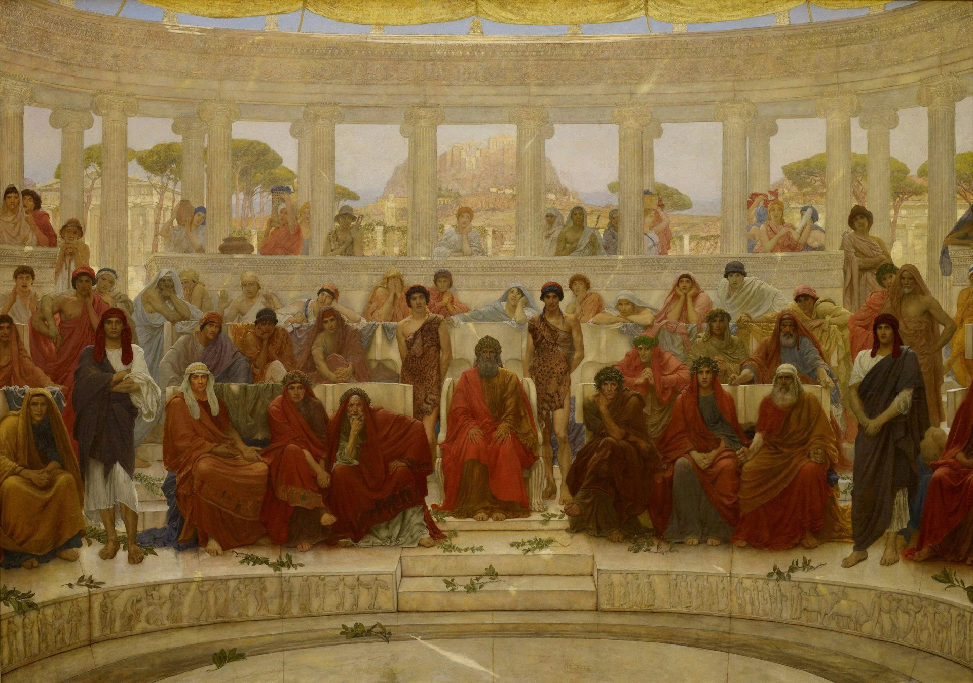 A classical painting depicting many figures in robes gathered under an open-air colonnade.