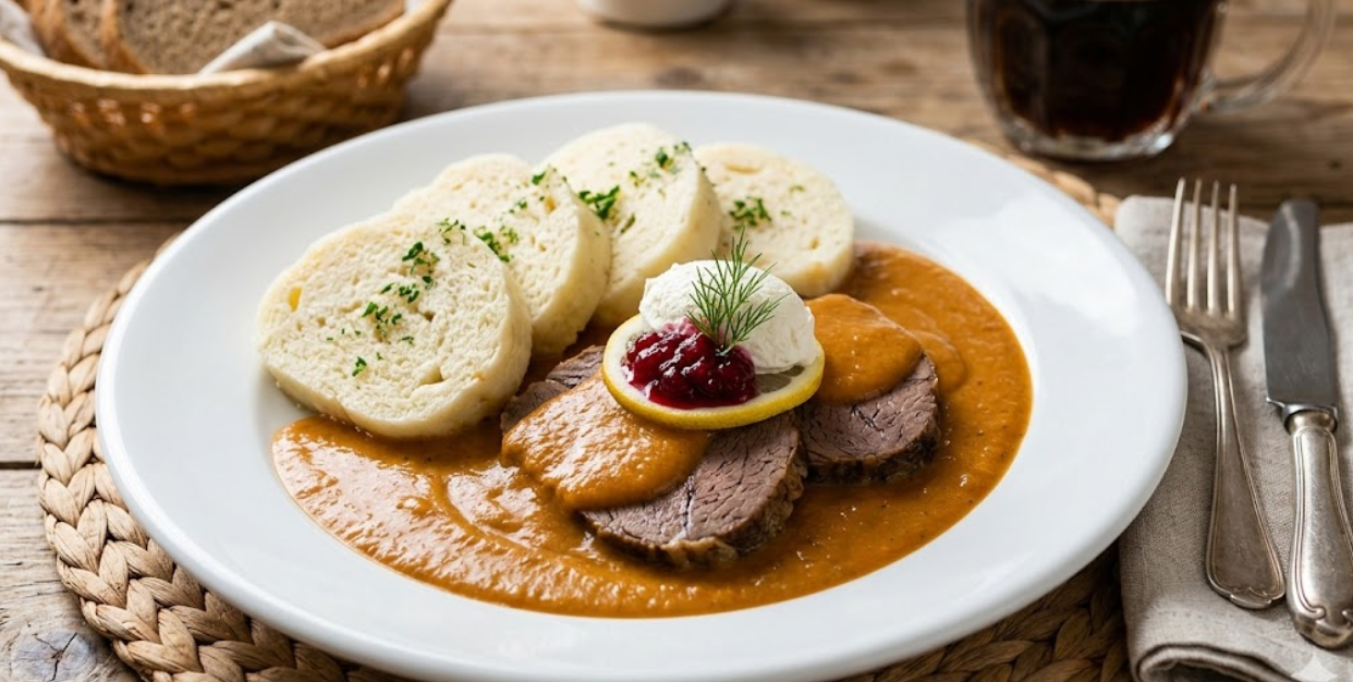 Sliced beef in a creamy orange gravy served with bread dumplings, topped with a lemon slice, cranberries, and cream.