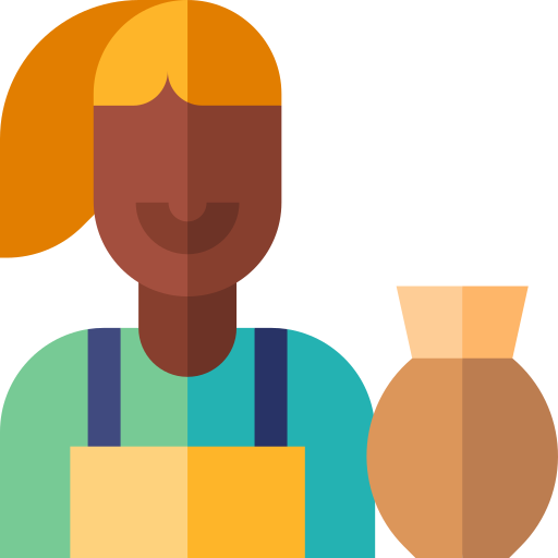 Simple icon of a lady in an apron next to a vase