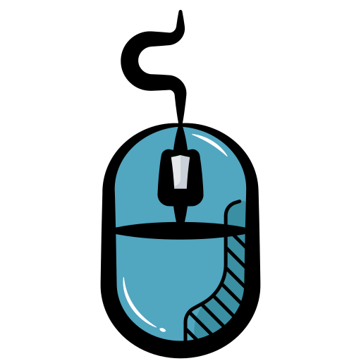A stylized blue computer mouse with a black scroll wheel and a wavy black cord.