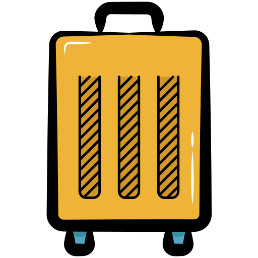 A yellow, rectangular piece of luggage with three vertical stripes on its side and two small wheels on the bottom.