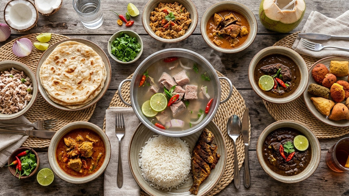 A top-down view of a rustic wooden table filled with a variety of traditional Maldivian dishes, including curries, rice, fish, and fresh coconut.