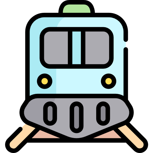 A colorful, flat vector icon of a light-blue passenger train locomotive viewed from the front.